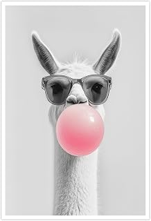 Pink Bubble Gum Decor Wall Art Quirky Llama Poster Funny Animal Canvas Print for Kids Room Black and White Trendy Art for Nursery Bedroom Office Decoration 8x12in Unframed