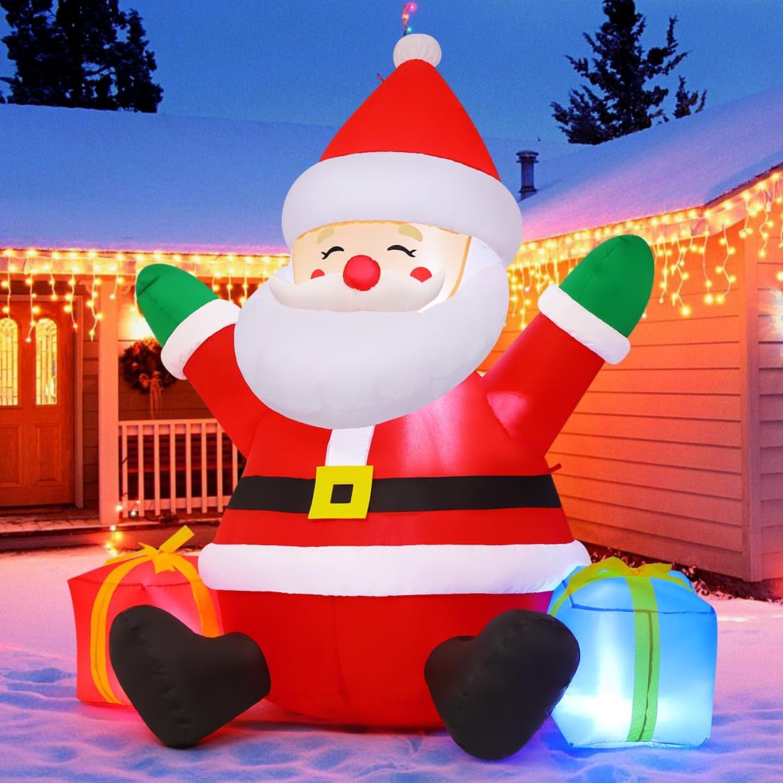 goosh 5 ft christmas inflatables santa claus outdoor decorations blow up yard snowman sit with colorful boxes with built-in leds for garden lawn indoor party decor