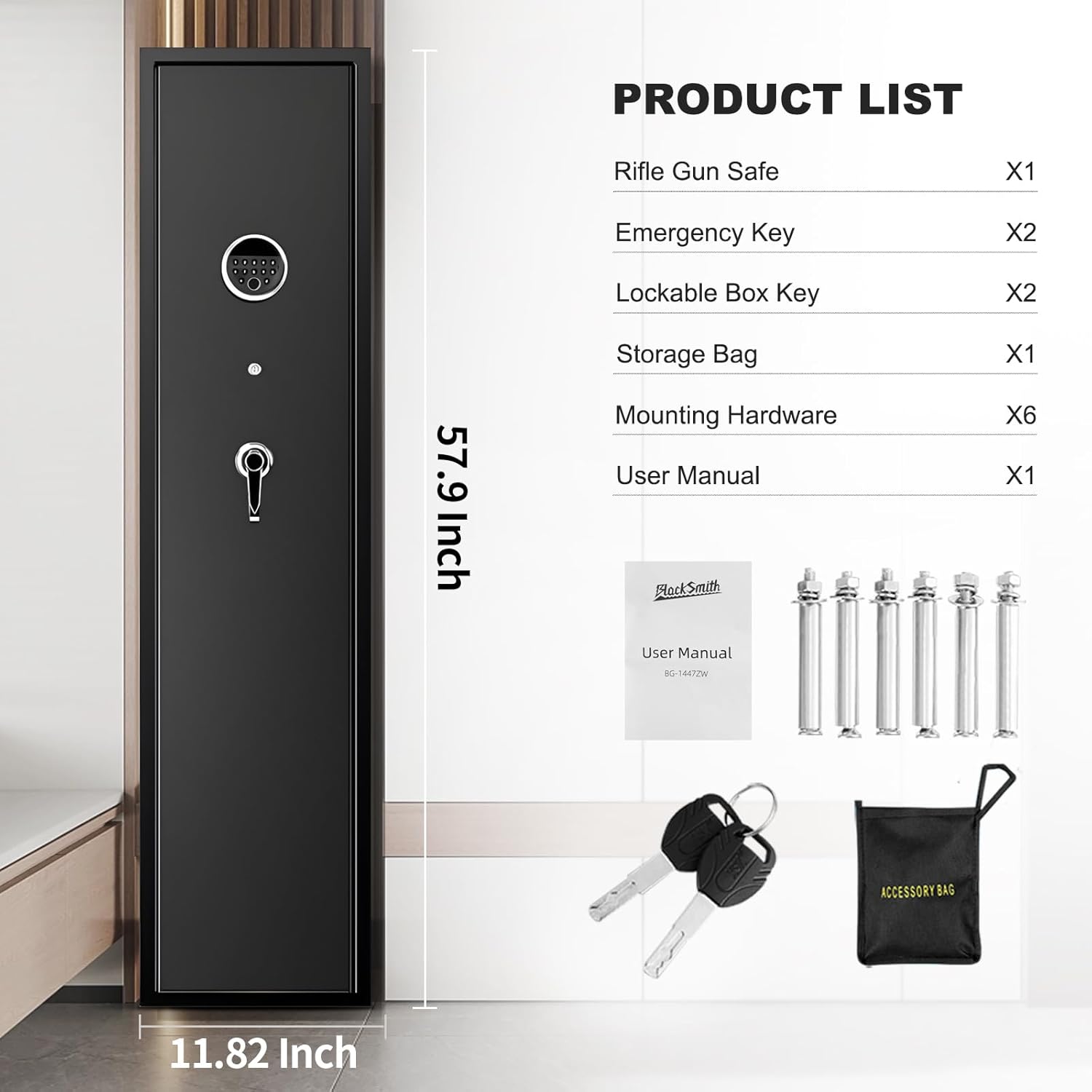 BlackSmith Biometric Gun Safe for Rifles Home Long Gun Safe Quick Access Fingerprint Recognition Pistols Safe Keypad Wall Mount Large Gun Cabinet with Lock Box Pistol Rack Pockets Ammo Storage