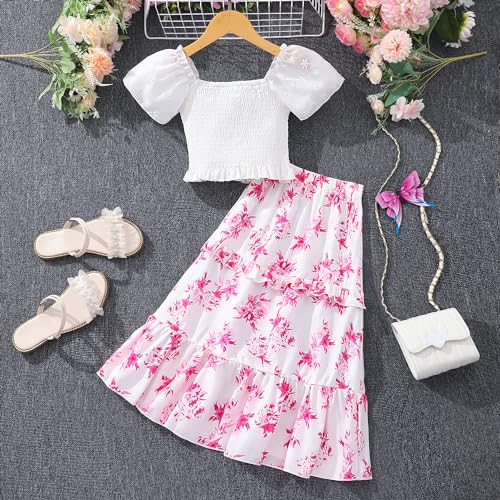 Image of Girls 2PCS Shirred Puff Sleeve Ruffle Hem Top Blouse and Floral Print Elastic Waist Long Ruffle Hem Skirt Sets