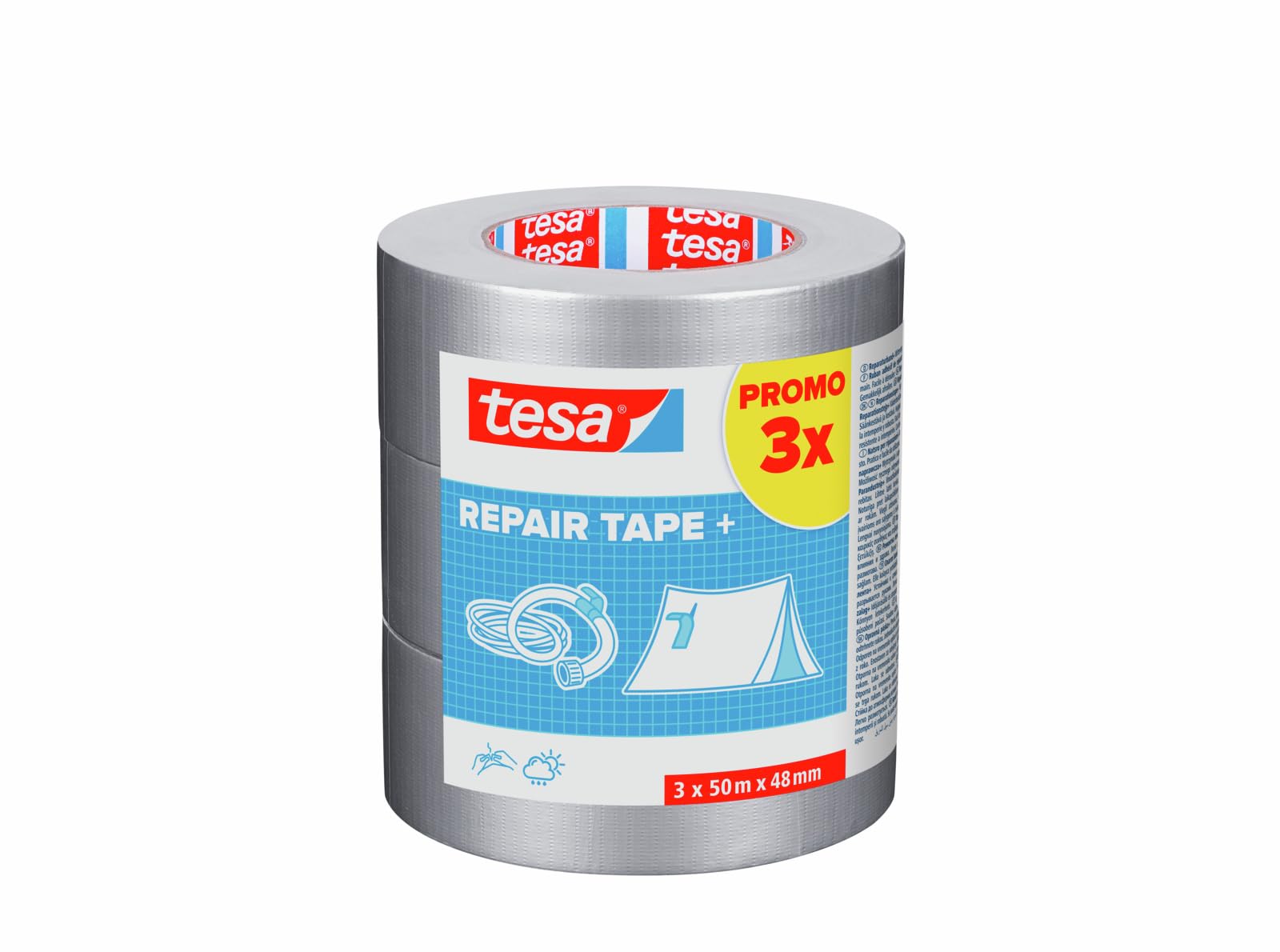 tesa Repair Tape+ - robust fabric tape for repair & fastening - water-repellent, hand-tearable, strong hold - grey - 3 x 50 m x 48 mm