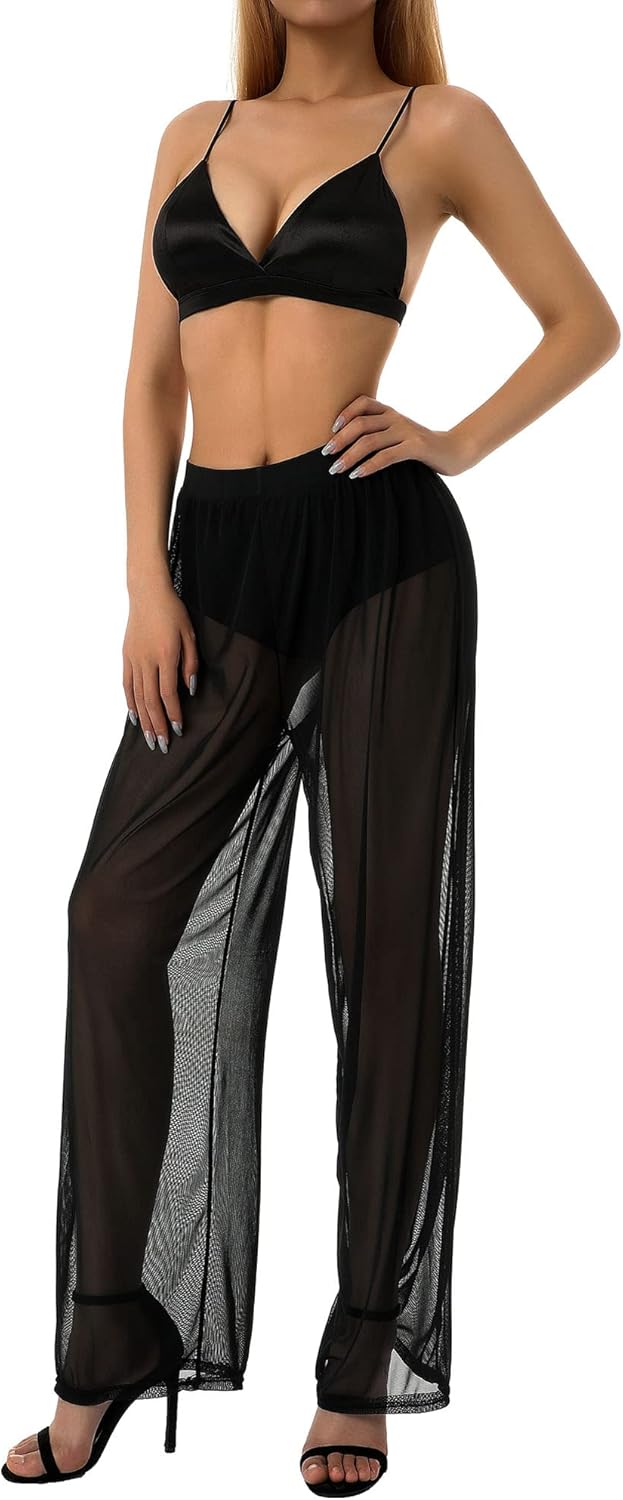 Women Sexy See Through Sheer Mesh Loose Bottoms, Swimsuit Bikini Cover Up, High Waist Wide Leg Pant - Image 5