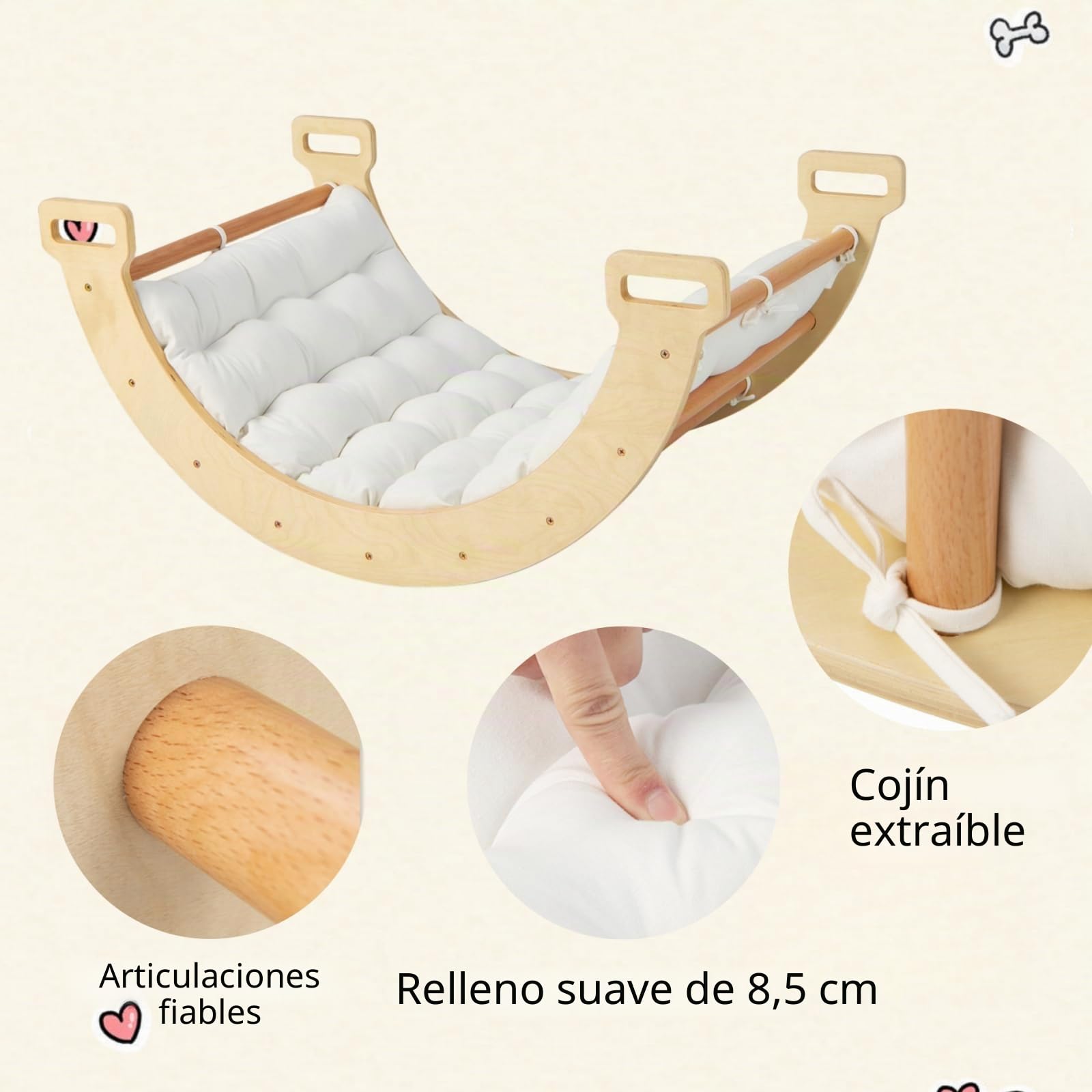 LIFEZEAL Arco de Madera para Escalar 3 en 1, Divertido Arco de Pared y Balancín para Niños, Barco Balancín con Suave Cojín de Doble Cara para Niños de 1+ Años (Natural)