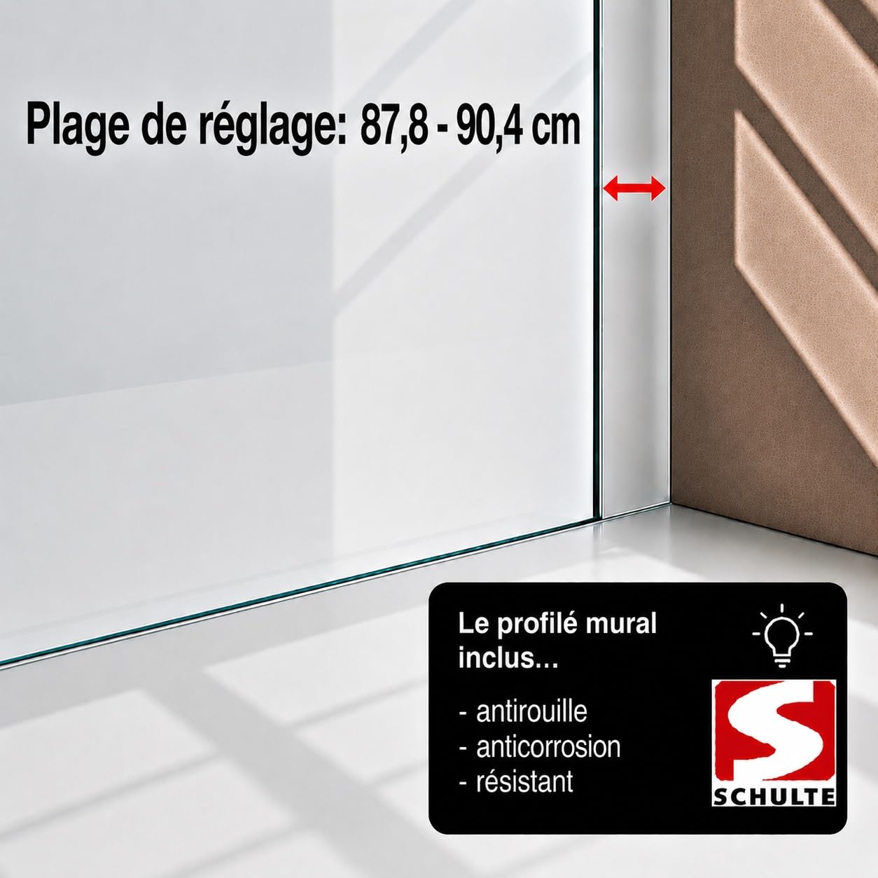 Schulte porte douche pivotante niche 90x192 argenté autolevant réversible | verre trempé anti-calcaire réglage 87.8-90.4 largeur d'accès 79.5 cm
