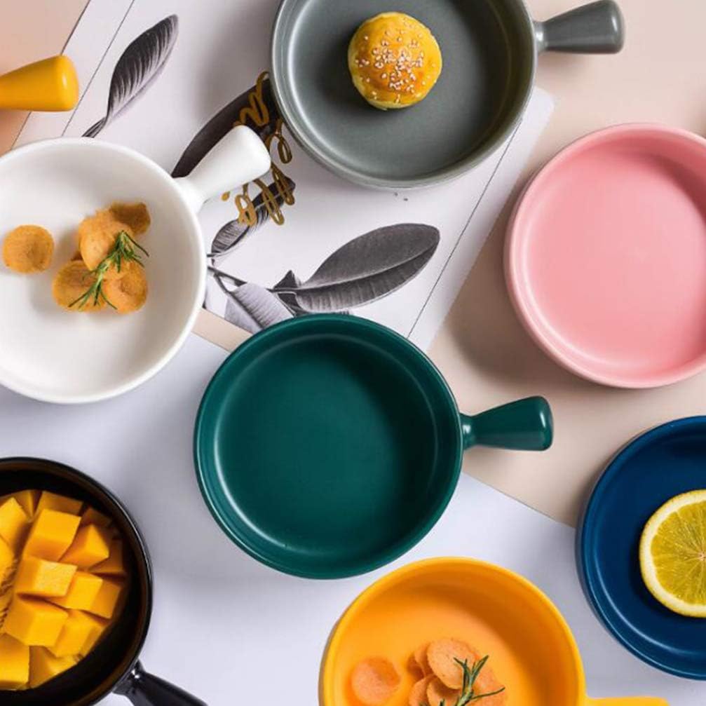 Hemoton Ceramic Matte Baking Dish: Yellow Round Dinner Plates Oven Safe Roasting Lasagna Pan with Handle Round Dish