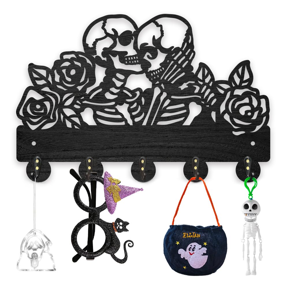 MAYJOYDIY Wood Skeleton Key Hook Wall Mounted Rose Flower Undead Key Holder for Wall 30×20cm Black Key Holder 5 Alloy Hooks Home Decor Gifts Entryway Kitchen Bathroom Storage Organizer