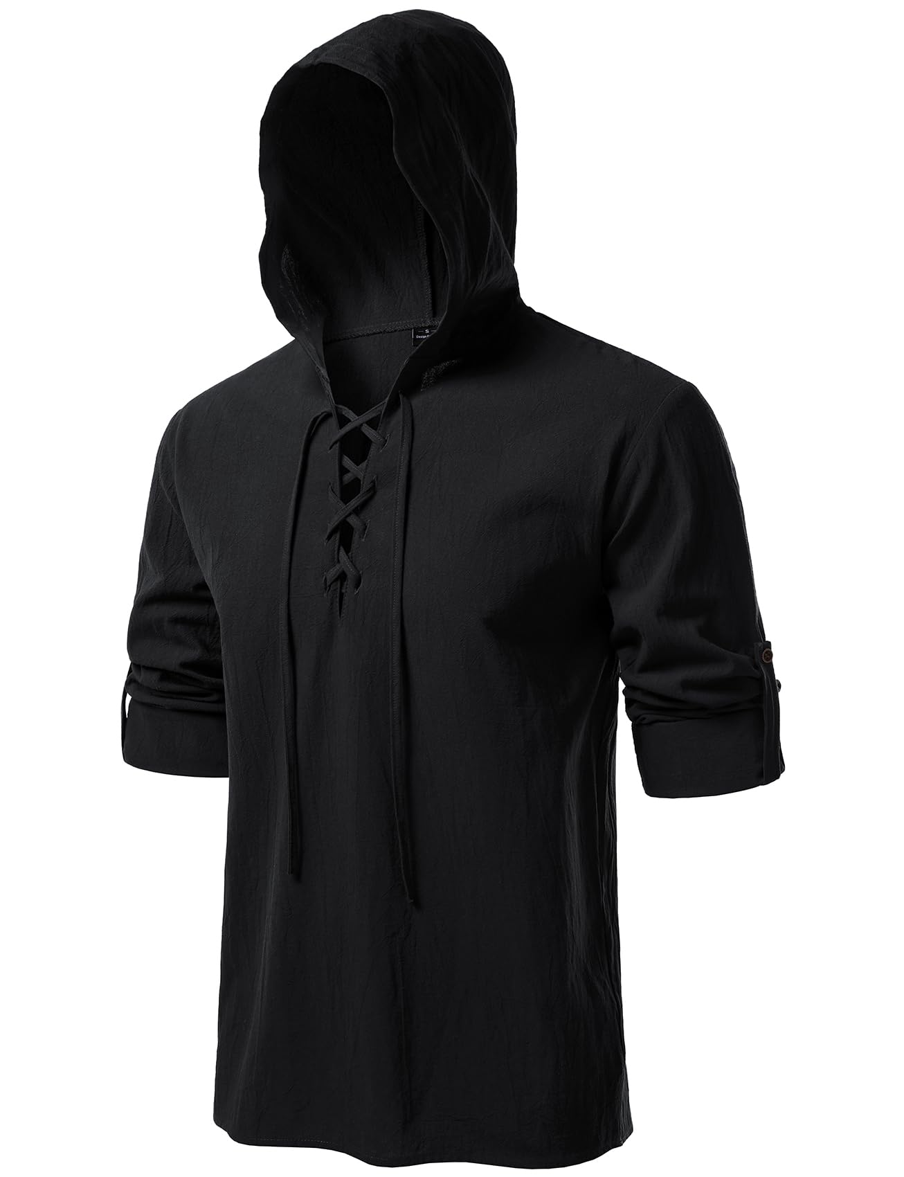 JEMITOP Men's Retro Style Renaissance Costume Roll Up Long Sleeve Lace Up Hooded Shirts for Pirate Viking Medieval Halloween Cosplay Clothing Black XXXL