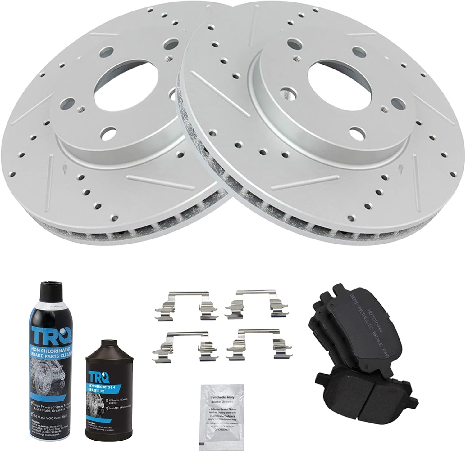 TRQ Front Brake Pad & Rotor Kit Premium G-Coated Semi-Metallic Performance Slotted X Drilled Compatible with 1997-2001 Lexus ES300 1998-2004 Toyota Avalon Camry 1999-2003 Solara