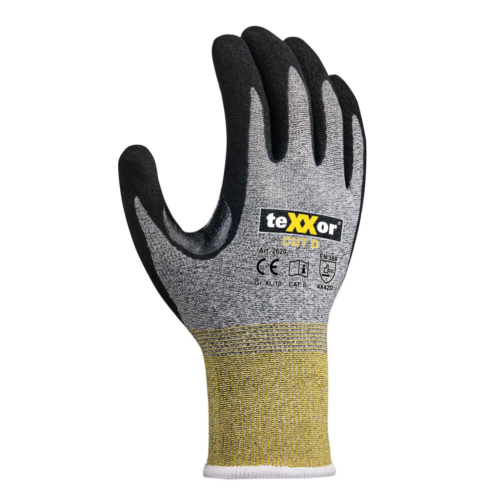 texxor 288 Stück Schnittschutz-Strickhandschuhe 2620, CUT D, grau-schwarz, 8/M, Karton, Schnittschutzhandschuhe, Arbeitshandschuhe, Küchenhandschuhe