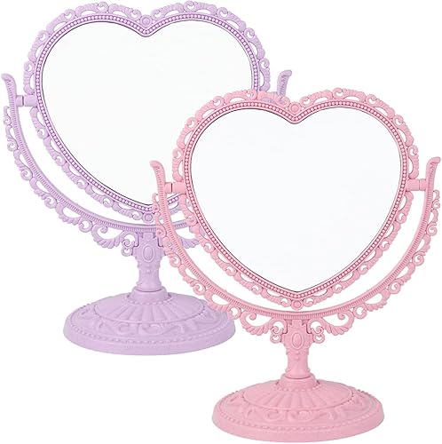 Miniatura 5 de AKOAK Paquete de 1 espejo cosmético simple y encantador en forma de corazón de plástico giratorio de doble cara, espejo ligero para baño, dormitorio