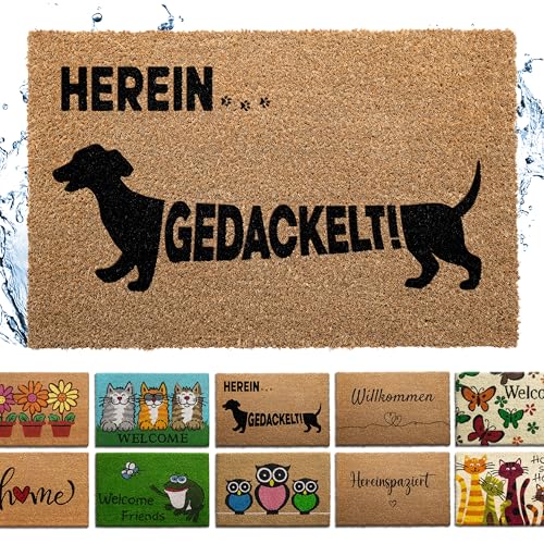 Bodenständig® Fußmatte Kokos [Wetterfest] - extrem robust - Fußabtreter außen - die Kokosmatte Fußmatte außen wetterfest. Fussmatte aussen 40x60 cm - Hereingedackelt Schriftzug
