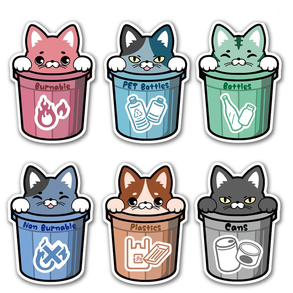 猫イラスト 期間限定 断捨離用 Amazon | SignStore カラフルな猫イラスト ゴミ分別ステッカー 6枚