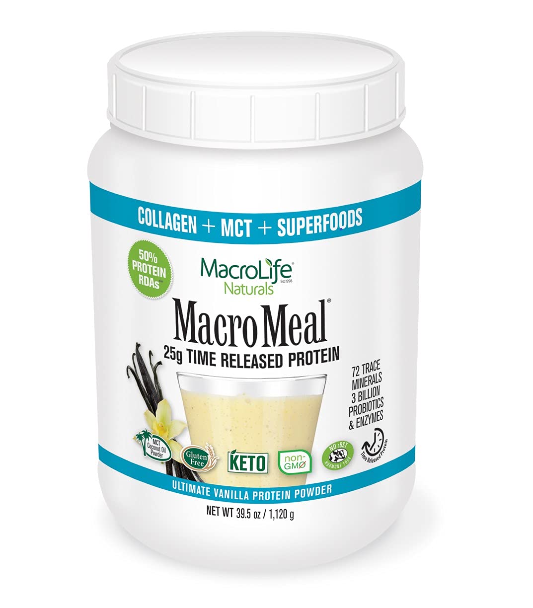 MacroLife Naturals MacroMeal Omni Vanilla Superfood Supplement Powder Protein + Greens, Probiotics,