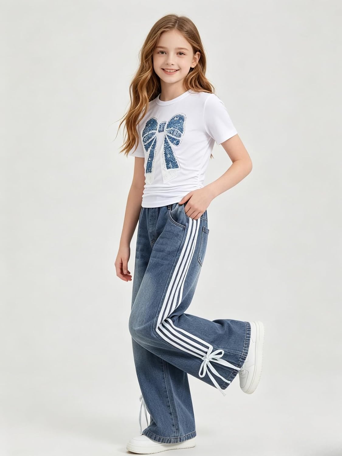 Size 7-14Y Girls Clothes 2 Piece Outfits Cute Bow T-Shirt&Top Striped Wide Leg Jeans Pants Summer Clothing Set