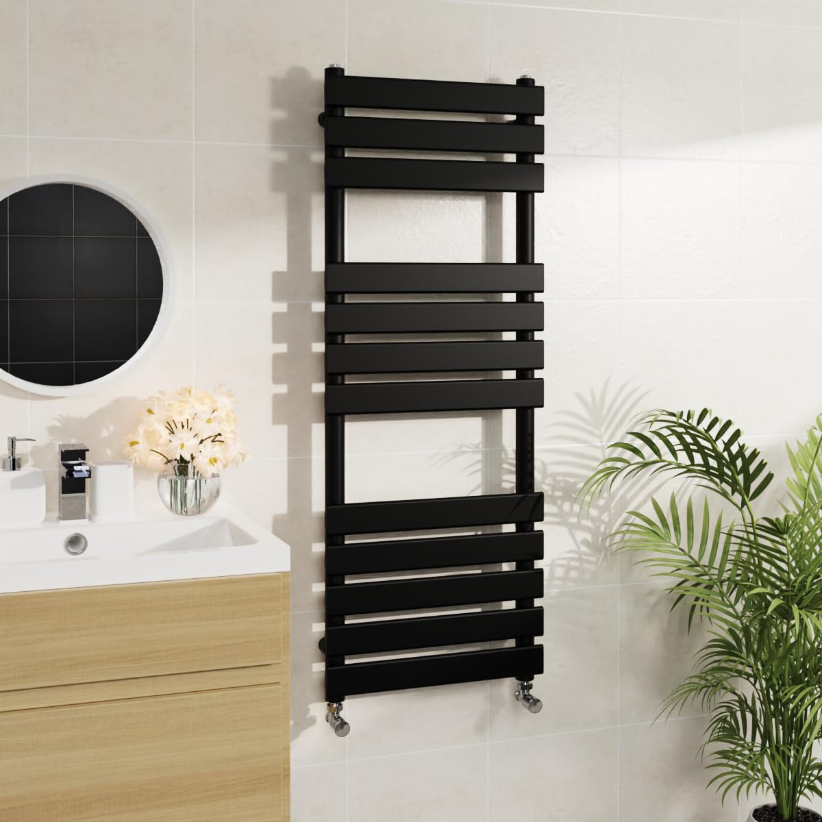 Warmehaus Minimalist Bathroom Flat Panel Heated Towel Rail Radiator Rad Black 1200x450mm - Modern Central Heating Space Saving Radiators - Perfect for Bathrooms