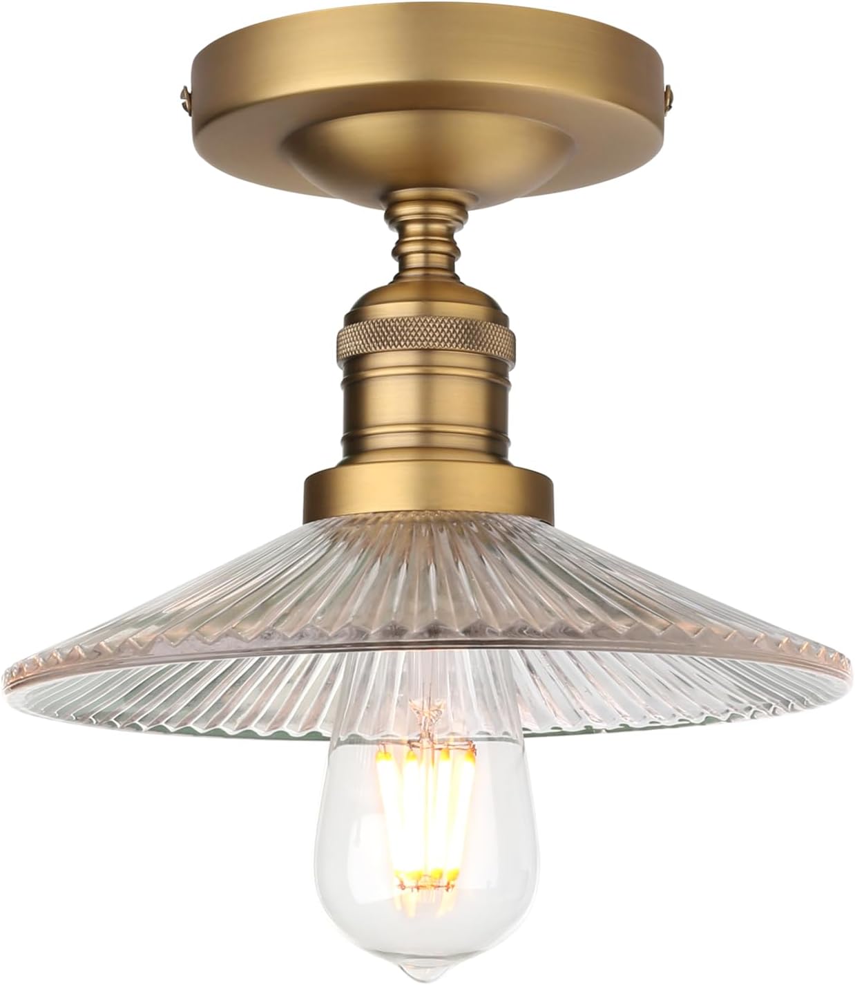 Industrial Semi Flush Mount Ceiling Light, Clear Striped Glass Lamp Shade Pendant Light Fixture, 1-Light Close to Ceiling Light Fixture for Hallway, Entryway, Kitchen, Bedroom