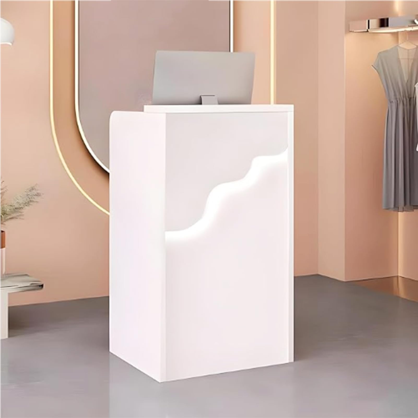 Petit comptoir de réception avec lumière LED, comptoir Moderne avec tiroir verrouillable, de Caisse Blanc pour Magasin de vêtements, Hall, Salon de beauté (Blanc, 60 x 40 x 96 cm)