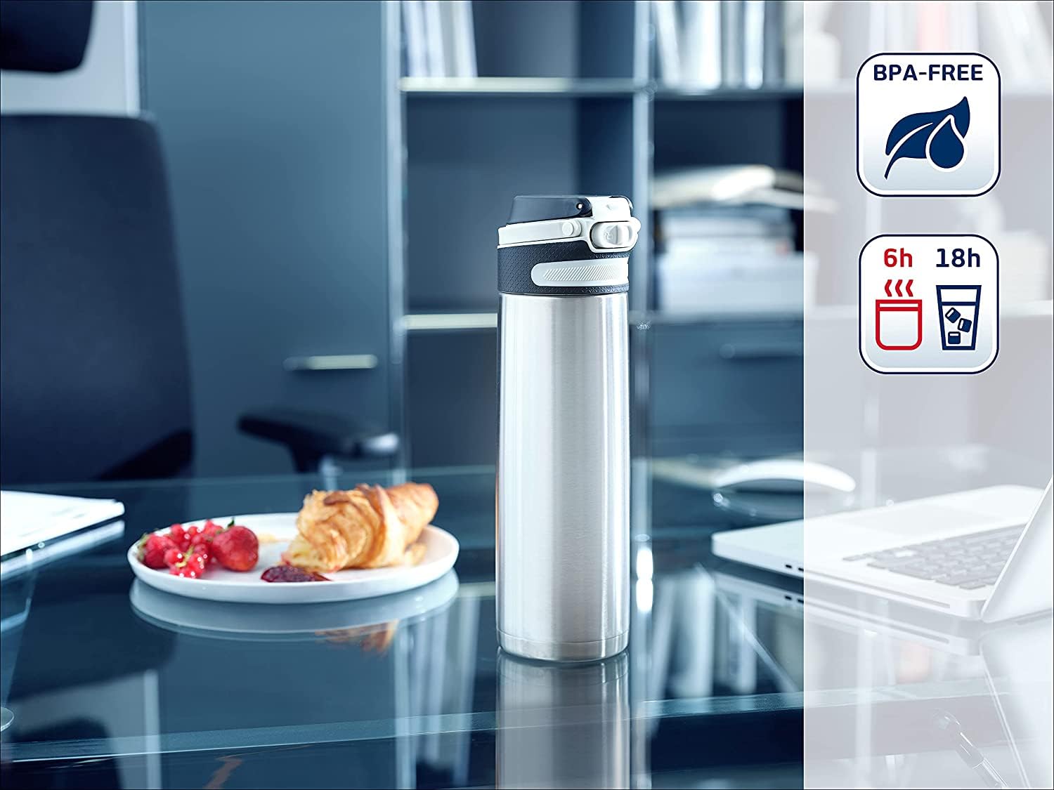 Leifheit Taza Térmica Flip 600 ml, Apertura 1 Mano, Silver | Acero inoxidable de doble pared, dura hasta 6 horas. caliente y 18 horas. frío, con filtro, asa, sin BPA, plata