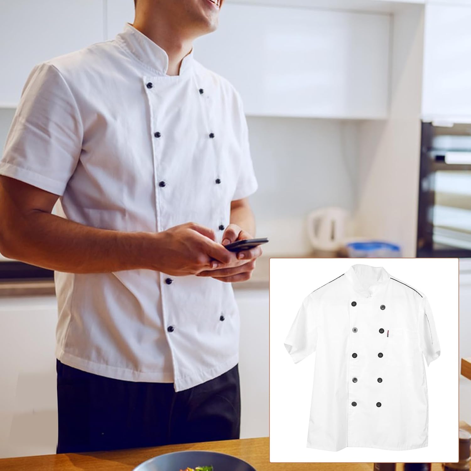 LIFKOME Men's Short Sleeve Chef Jacket, White Polyester Restaurant Uniform