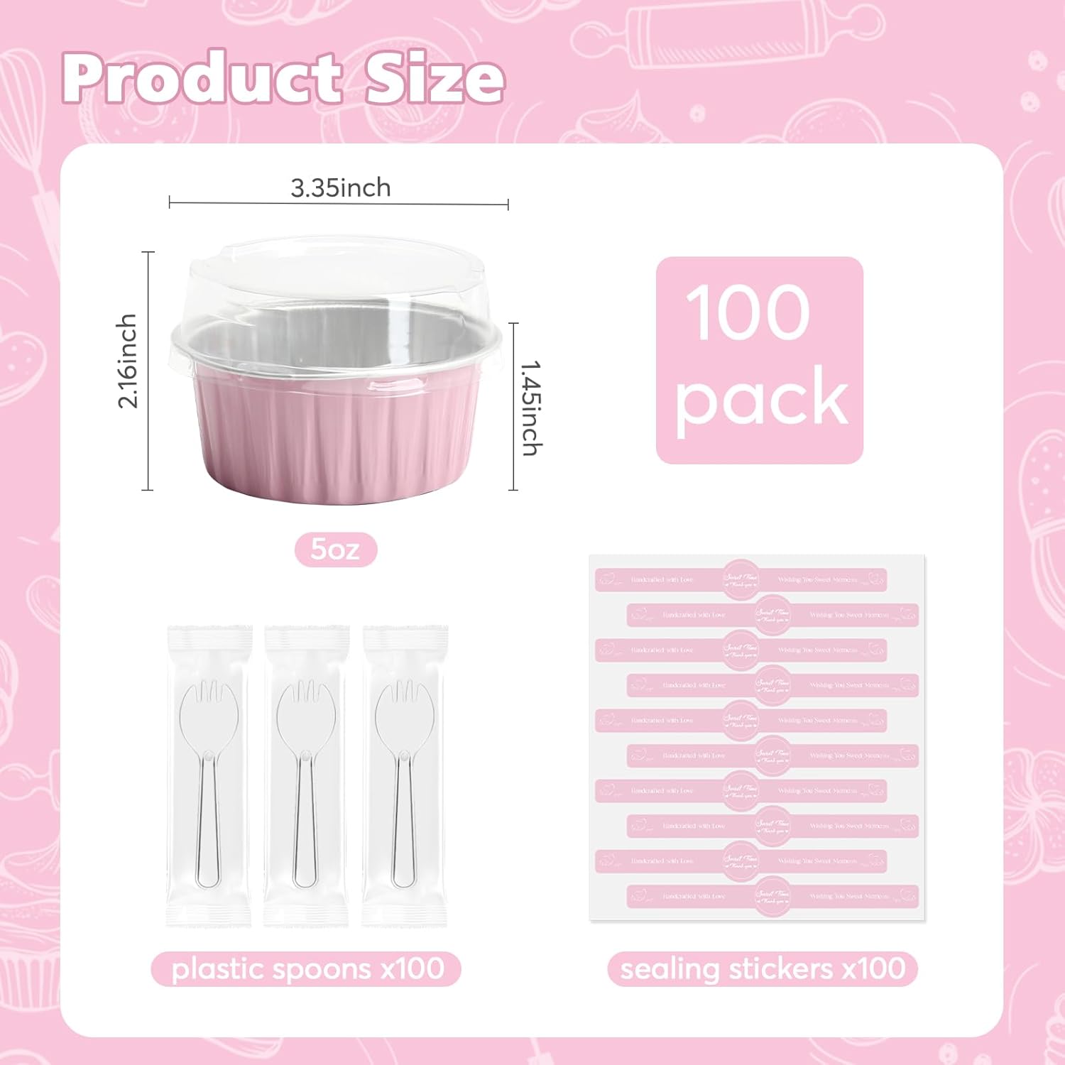 Ruckae 5oz 100 PCS Round Mini Loaf Pans with Lids,Mini Cake Pans with Lids,Disposable Aluminum Foil Ramekins Baking Cups for Birthday Party Weddings (Pink, 5oz) - Image 4