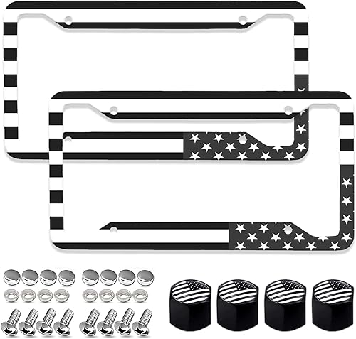 2 marcos de matrícula y 4 tapas de válvula, marco de matrícula con bandera estadounidense, marco de matrícula patriótico de aluminio de acero