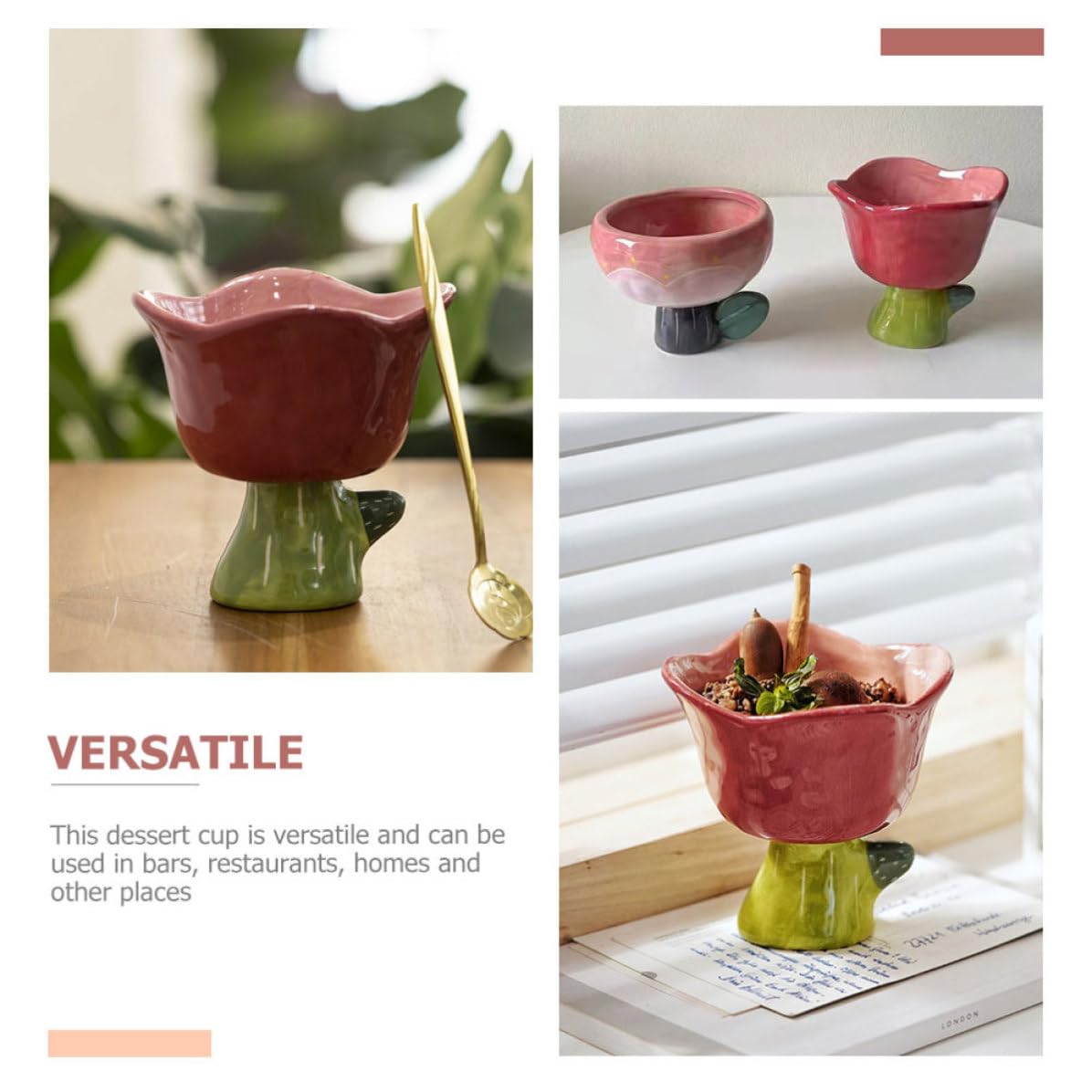 VILLCASE Taza de Helado de Cerámica, Recipiente Decorativo para Postres, Tulipán, Rojo, Diseño Simple, para Ensalada y Helado