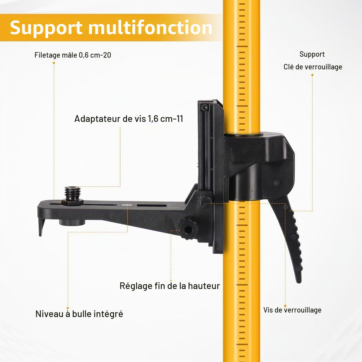 Barre de nivellement laser télescopique avec trépied extensible jusqu'à 3,6 m avec support laser 1/4" x 20", avec écrou adaptateur 5/8"-11
