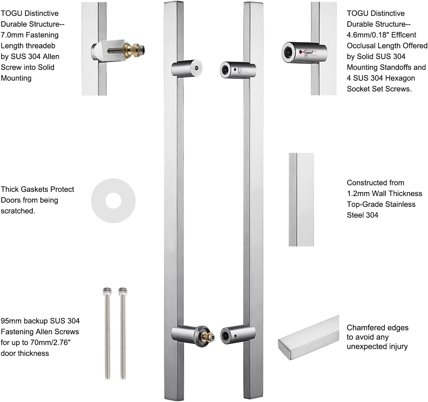Buy 1 get 1 TOGU TG-6017 36 inches Length Heavy-Duty Commercial Grade-304 Stainless Steel Push Pull Door Handle /Barn Door Pull Handle/ Glass Pulls, Brushed Stainless Steel Handle& Polished Chrome Standoffs