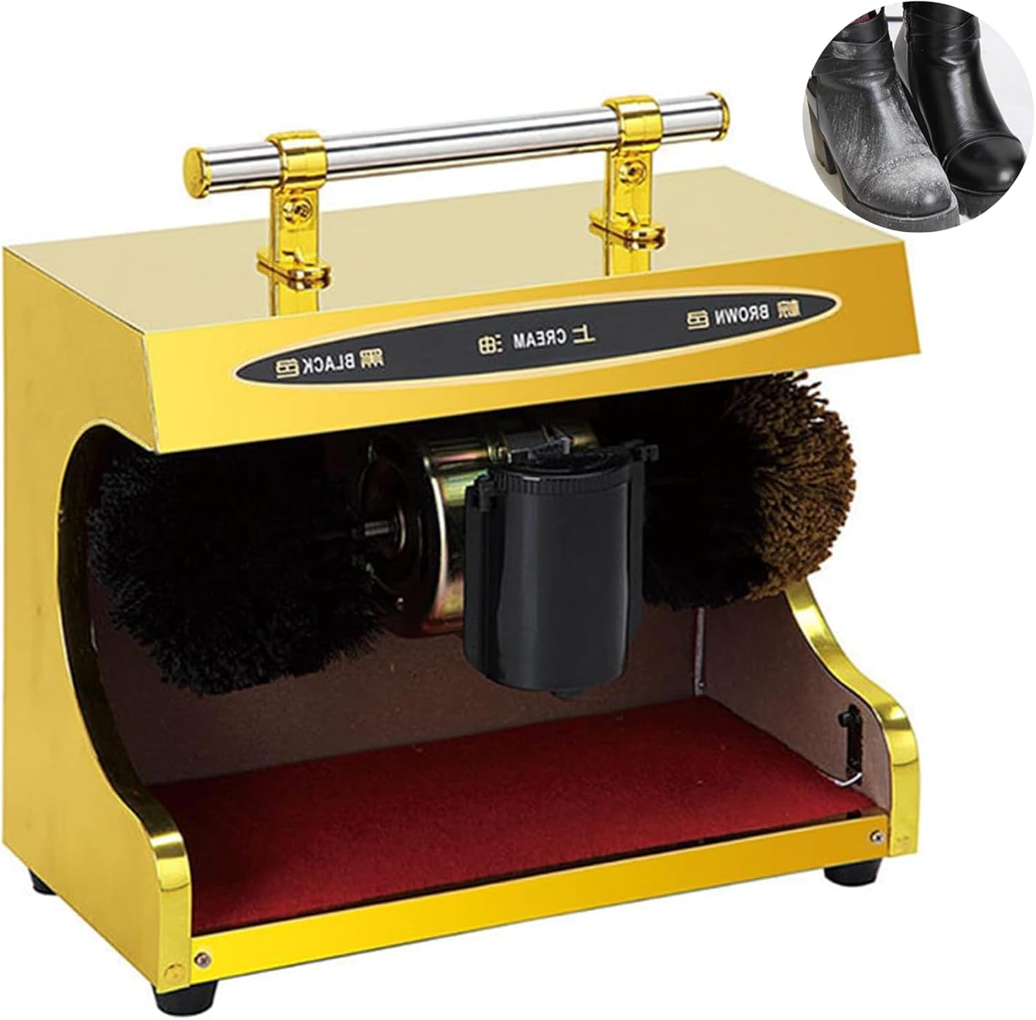 Electric Shoe Buffer, 100W Automatic Shoe Polishing Machine, 1400 RPM Speed Induction Shoe Polisher Stainless Steel Dust Removal Clean Kit for Home Hotel Bank Black (Golden )