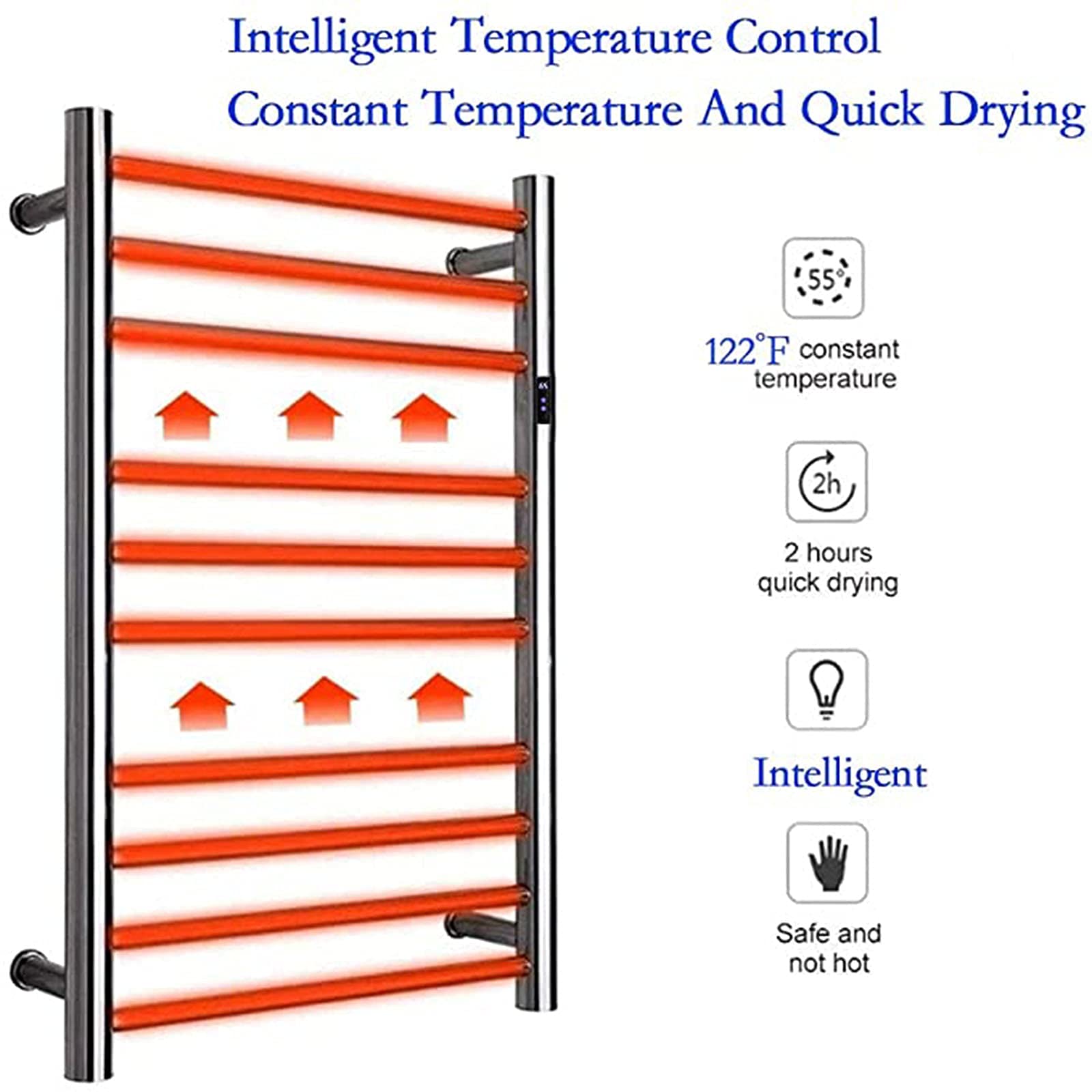 Radiador de baño con Pantalla LED, toallero eléctrico de 10 Barras, toallero de Acero Inoxidable 304, cableado (Plug in)