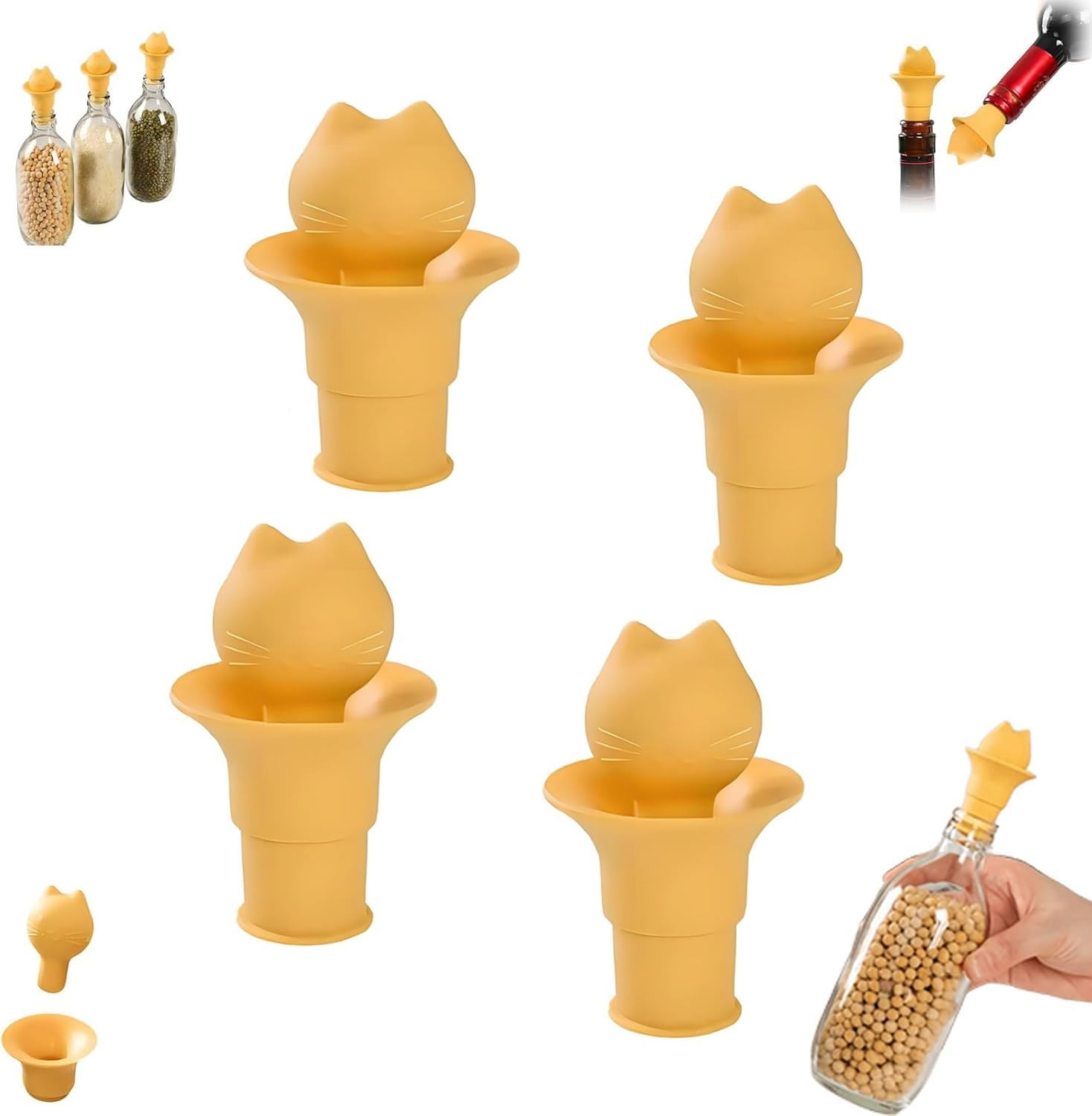 Tapón de silicona para botellas con diseño de gato para conservar vino y bebidas (Pack de 4)