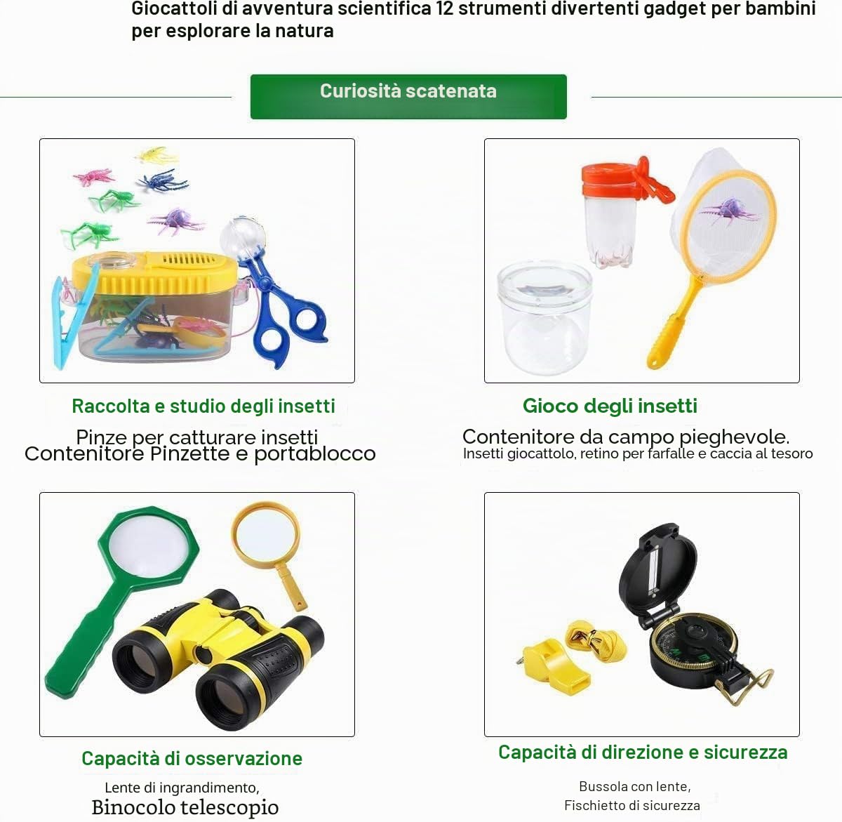 Kizplays Set Explorer Outdoor Giocattoli, Binocolo per Bambini Set Esploratore Avventuriero per Bambini 22 Pezzi con Pinzette Acchiappasetti Bussola Lente d'ingrandimento