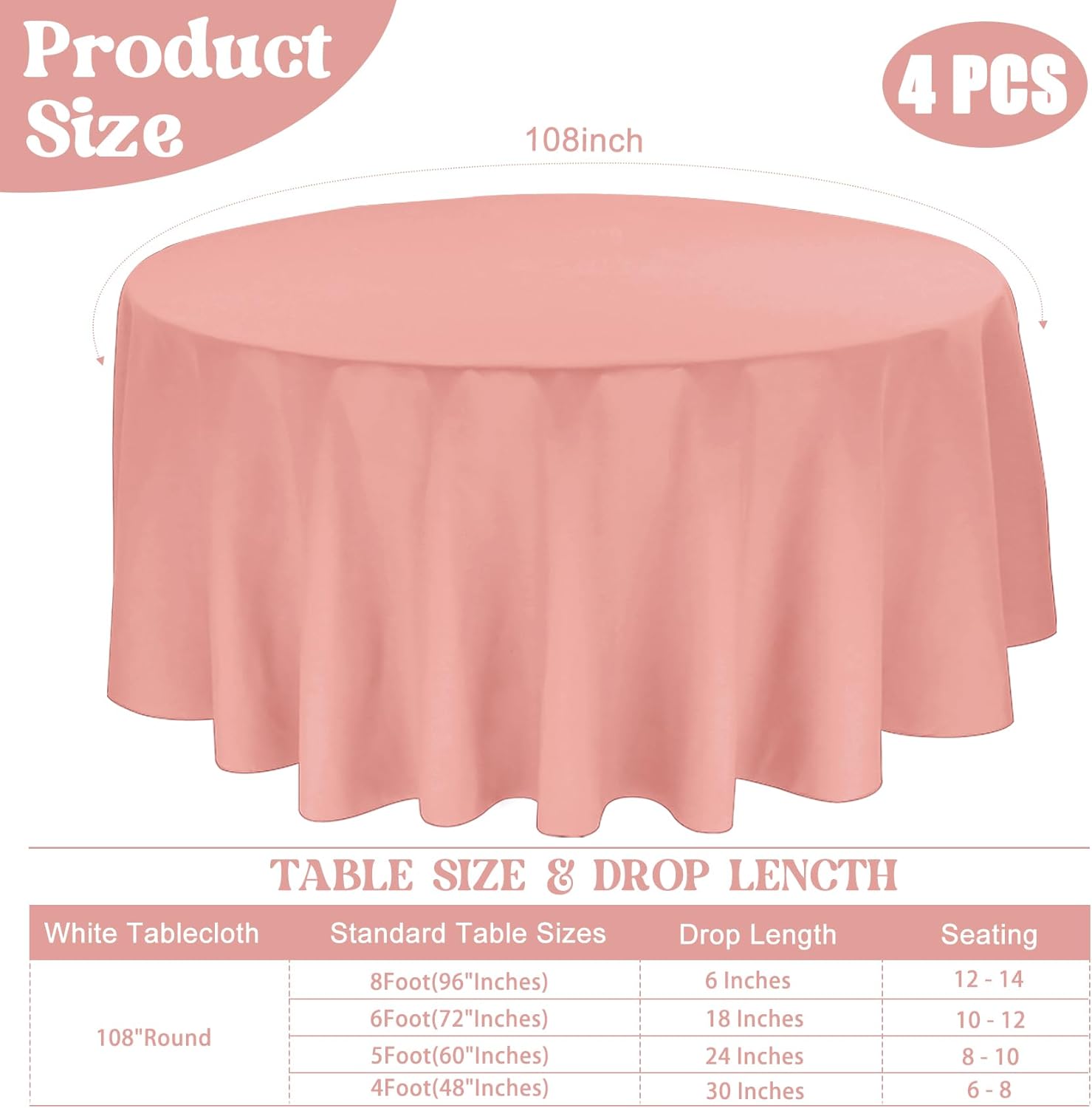 4 Pack 108 Inch Round Tablecloth Polyester Washable Table Covers for Wedding Dining Table Buffet Parties Banquet Decor?Dusty Rose? 108 inch Round Dusty Rose 4