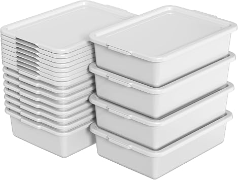 12 Packs Plastic Bus Tubs, 13 L 3.4 Gal Commercial Bus Box with Lid, Gray,