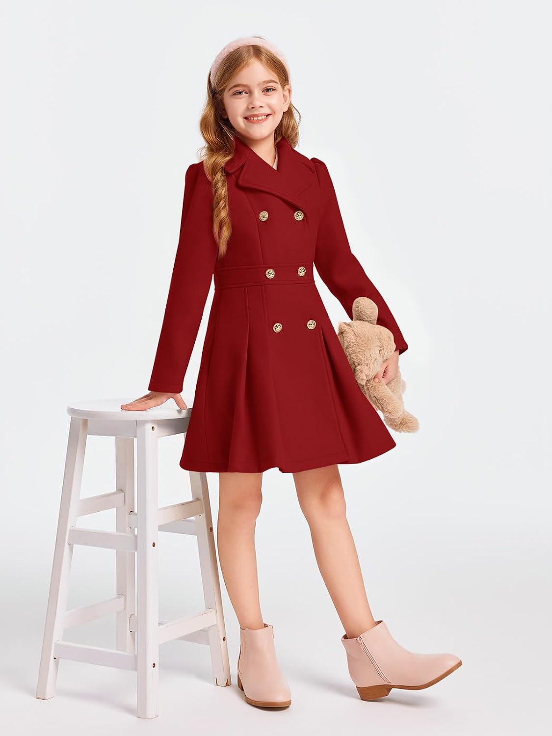 Haloumoning Girls Winter Dress Coat Button Peacoat Notch Lapel Double Breasted Outerwear with Pockets 5-14 Years