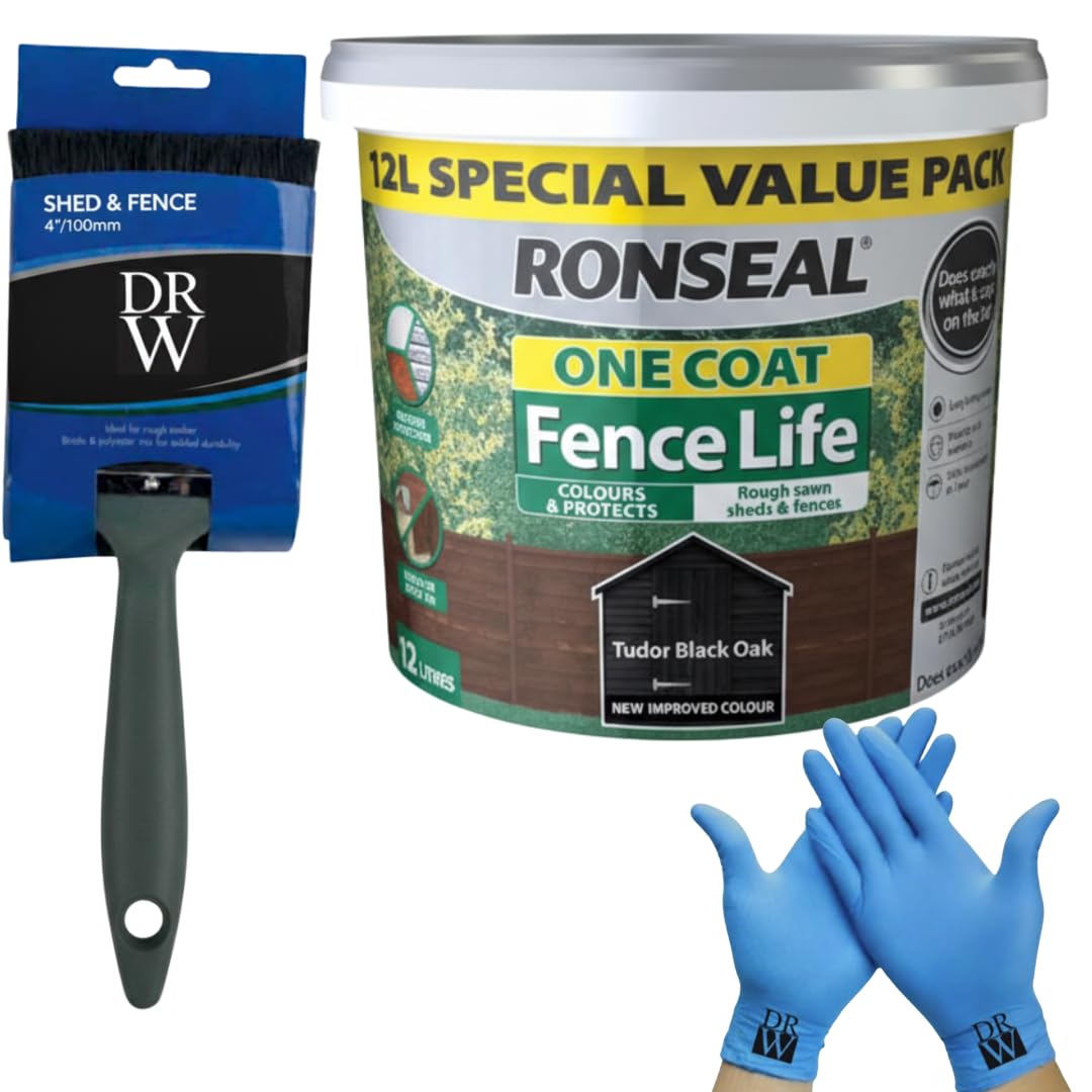 Drw Tudar Black Oak One Coat Shed & Fence Protector 12L + Free 4" Fence Paint Brush & Nitrile Gloves | Long-Lasting Weatherproof Wood Protection | One Coat Formula For Sheds, Fences & Timber
