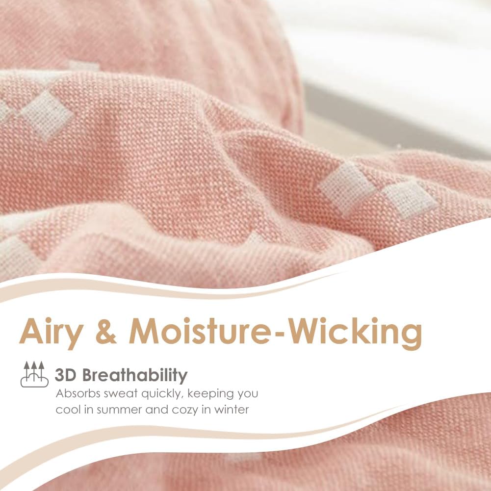 2 Layer Cozy Lightweight Muslin 100% Cotton Blanket for Bed, Couch & Sofa, Summer Bedding Coverlet with Pattern,Pink,Queen 78''x90'' - Image 4