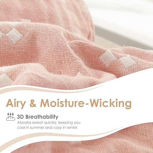 Miniatura 10 de Manta de muselina ligera y acogedora de 3 capas 100% algodón para cama, sofá y sofá, colcha de verano con patrón, camello, tamaño Queen, 78 x 90