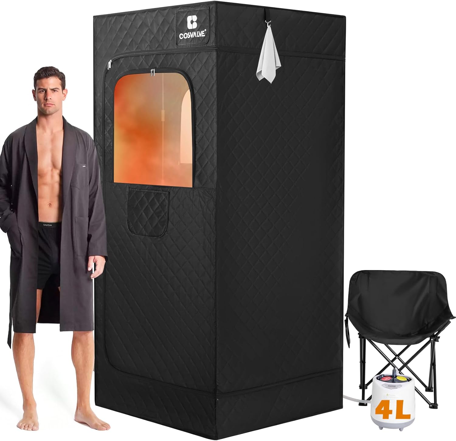 COSVALVE Portable Steam Sauna Box with Red Light for Home with 1600W 4L Steamer, Comfort Folding Chair, Indoor at Home Sauna Tent, Personal Steam Room for Relaxation, 2.9′ x 2.9′ x 5.9′, Black