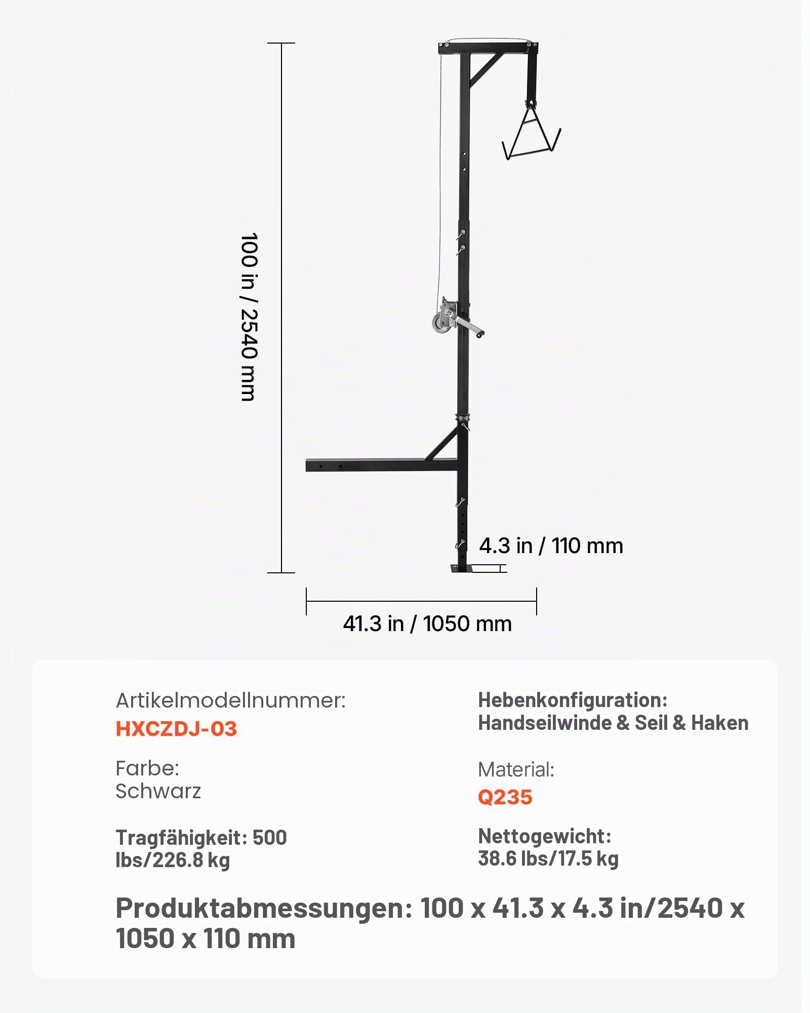 VEVOR Game Hoist mit Seilwinde & Gambrel, 226,8 kg Tragkraft, Lkw-Wildhebezeug mit 5,08 cm Empfänger, 360-Grad-Schwenkschaft & einstellbarer Höhe, zum Häuten & Säubern von Wild im Jagdspiel