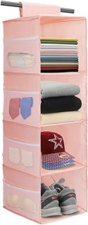 4-Shelf Hanging Closet Organizer, Space Saver, Closet Hanging Storage Shelves with Mesh Pockets & Magic Tap for Storage, Foldable-Pink