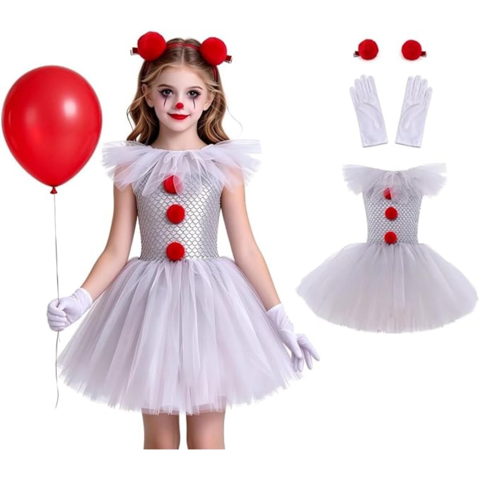 Toddler Girls Clown Costume Tutu Dress with Accessories Halloween Cosplay