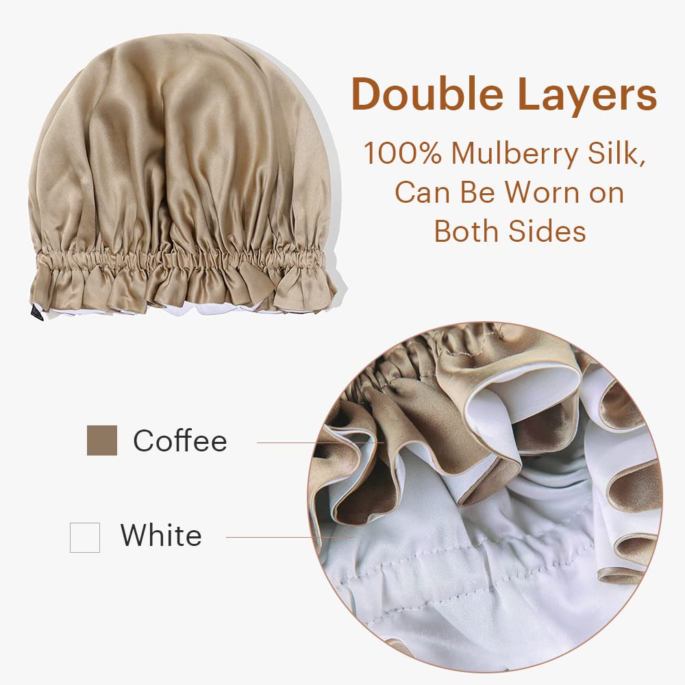 LilySilk Pure Silk Lined Cap for Women Sleep, Double Layered, Adjustable Ribbons, Luxury Natural Silk Bonnet Cap for Sleeping Coffee+White