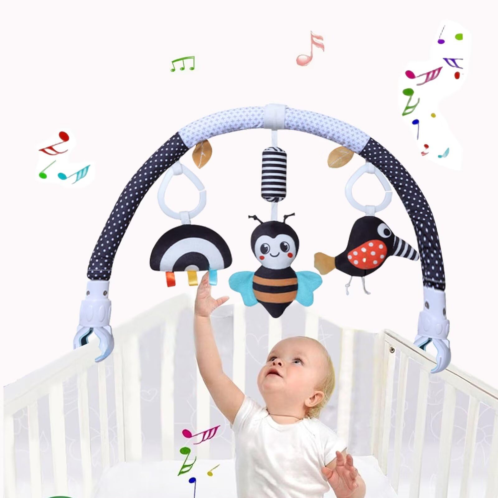 Pau1Hami1tonBaby Stroller Arch Toys, Car Seat Toys,Bouncer Toy Bar/Mobile for Bassinet,Adjustable Baby Hanging Toys Fit for Crib Bed,Stroller,Car Seat.S-19(Black Bee)
