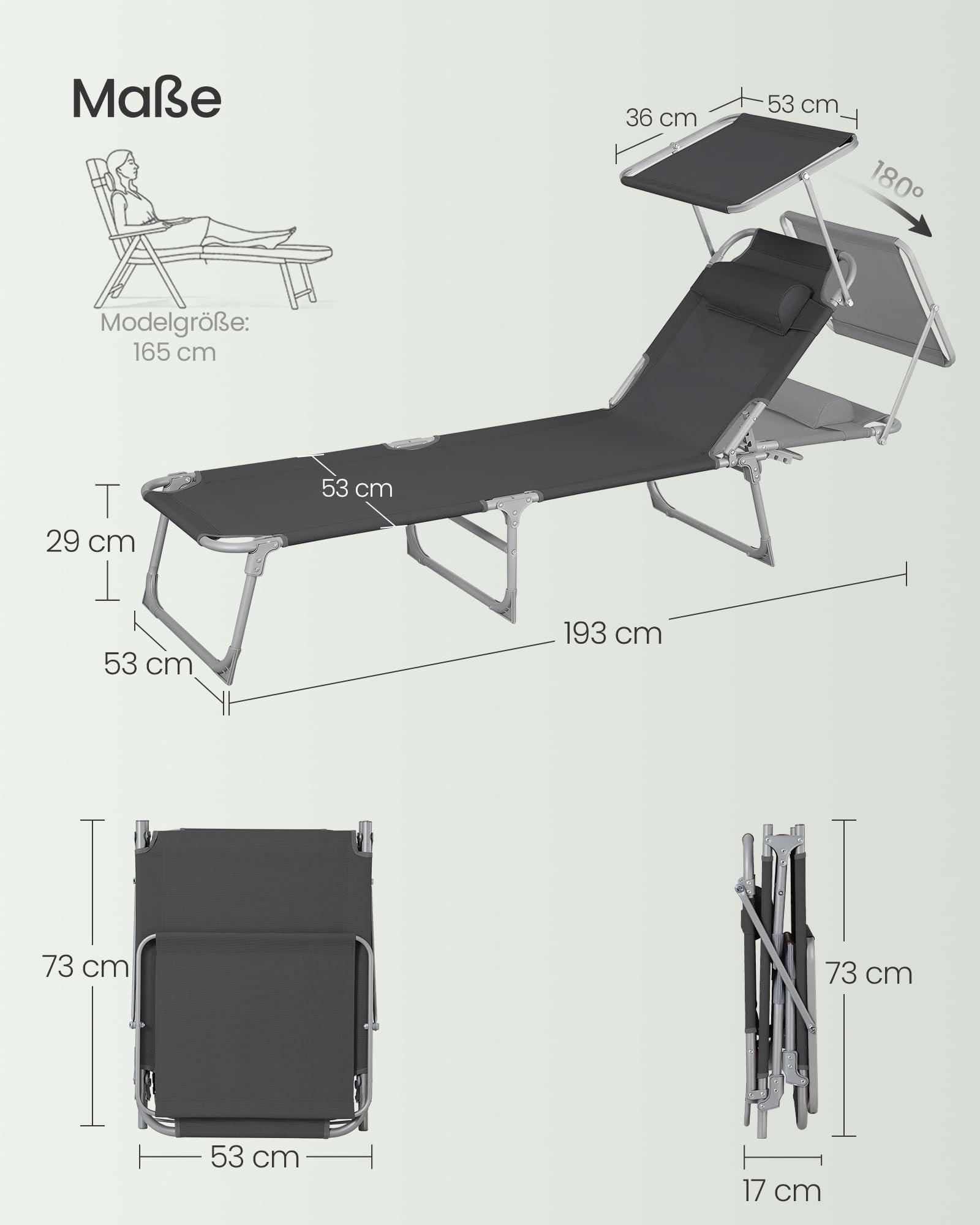 SONGMICS Sonnenliege, klappbarer Liegestuhl, 193 x 53 x 29 cm, trägt bis zu 150 kg, Sonnenschutz, Kopfkissen, verstellbare Rückenlehne, für Garten, Pool, Terrasse, dunkelgrau GCB19UV1