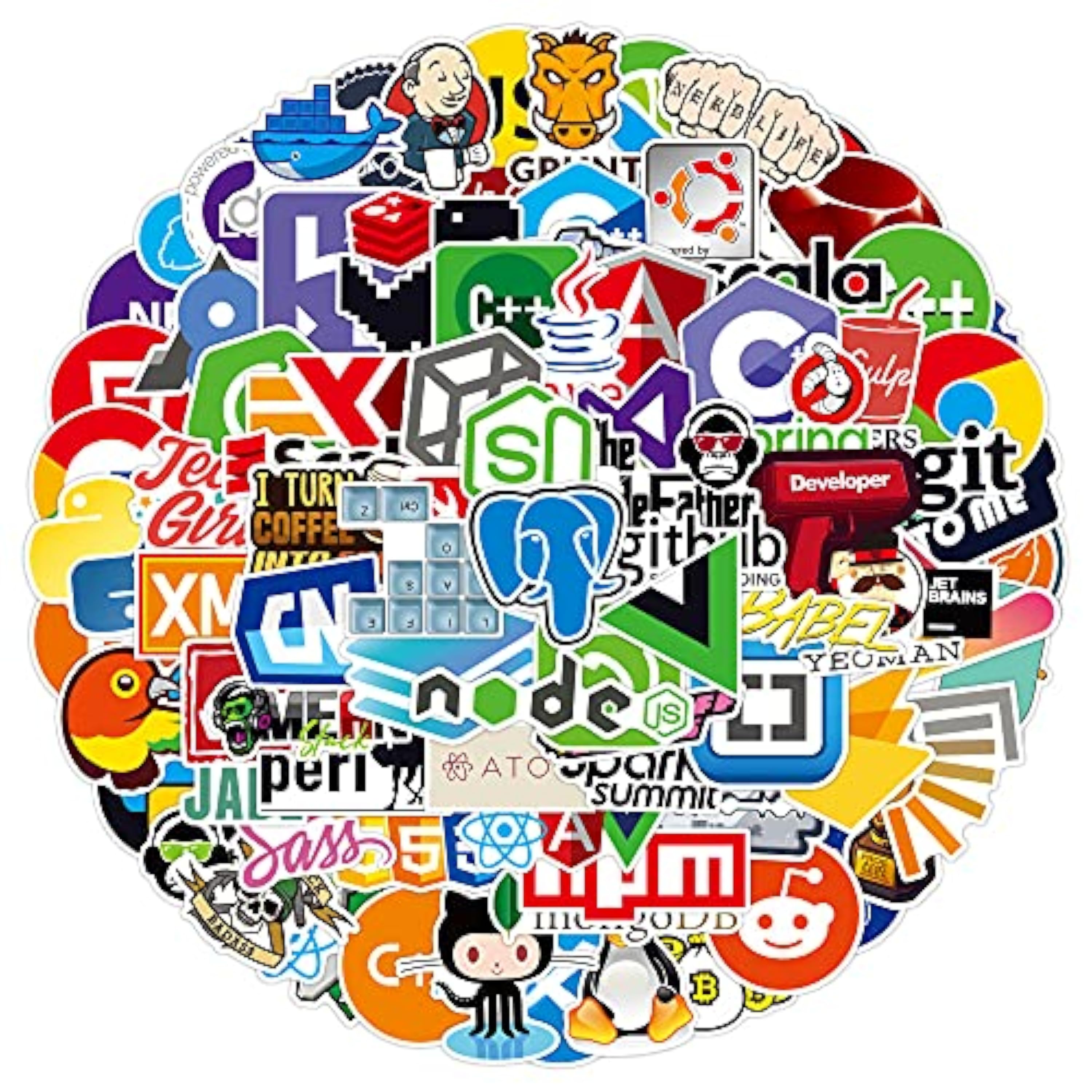 108 piezas de pegatinas para portátiles para el lenguaje de programación del desarrollador incluyen el logotipo de C ++, Python, Linux, Swift, para geeks, ingenieros, piratas informáticos, geeks