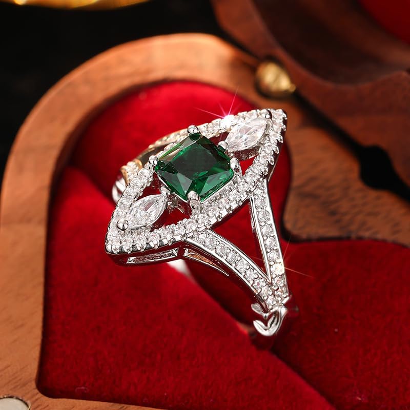 Women's Marquise Shape Green Created Square Emerald CZ Engagement Ring, Solitaire Cubic Zirconia Wedding Promise Rings for Her Size 6-10(8) - Image 6