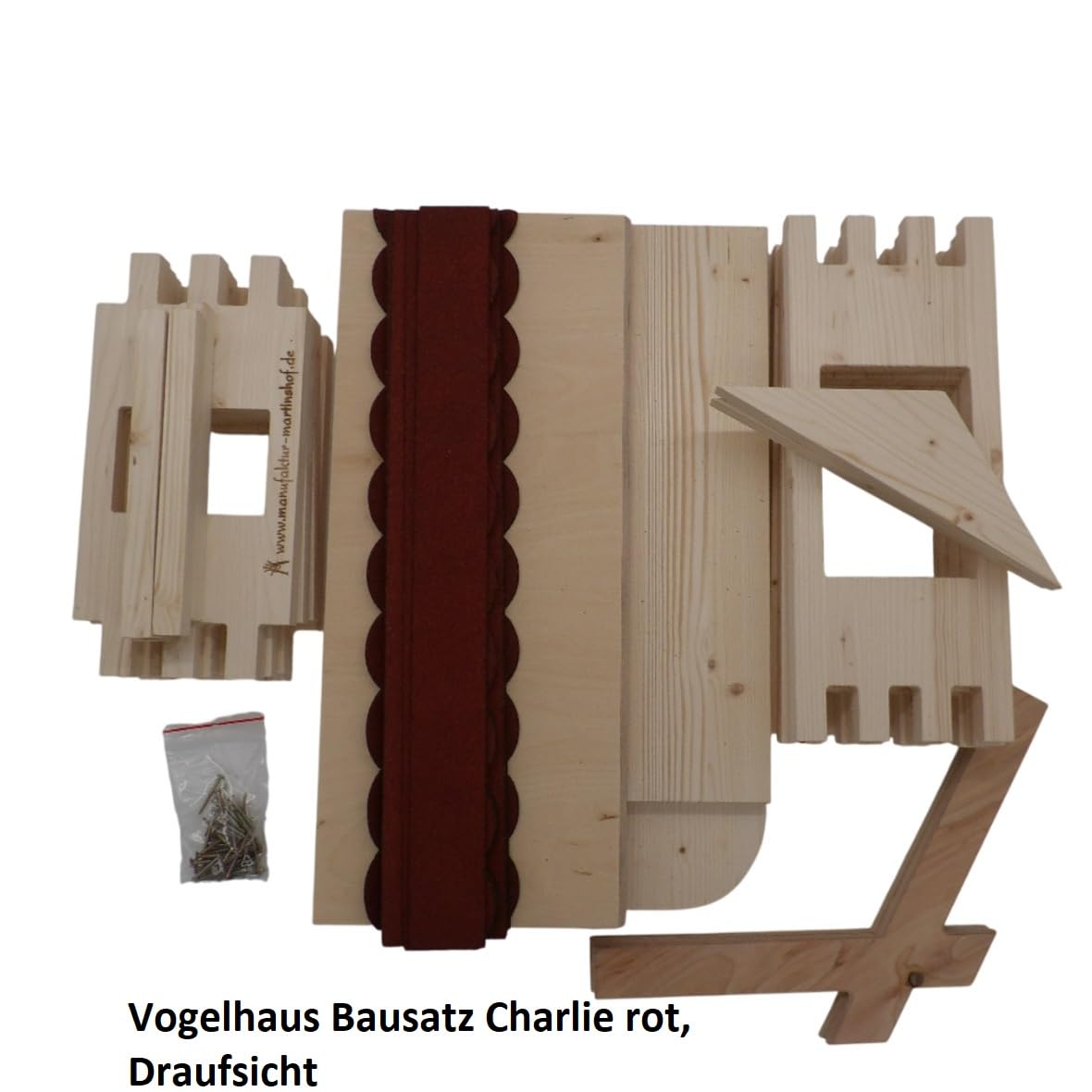 Vogelhaus Bausatz Charlie rot Manufaktur Martinshof L: 47 cm B: 38,5 cm H: 43 cm Material: unbehandeltes Fichtenholz Futterhaus Garten Holz Hochzeit Geschenk Vogelvilla Terrasse