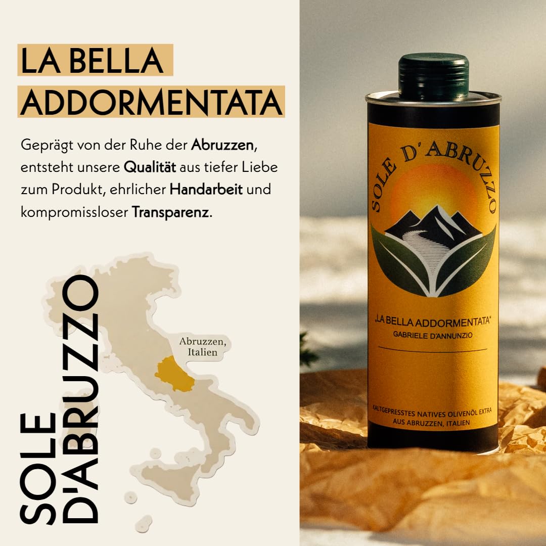 SOLE D'ABRUZZO Premium Olivenöl Nativ Extra aus Italien (0,16% Säure) – Handgeerntet in den Abruzzen – Kaltgepresst & Polyphenolreich – frische Ernte 2025/26 – 500ml