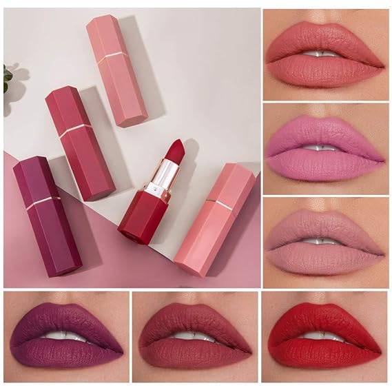 Matte Lipstick Velvety Red Lipsticks Waterproof Long Lasting Smoothing Non-stick Cup Sexy Color Lipsticks (#02Pink)